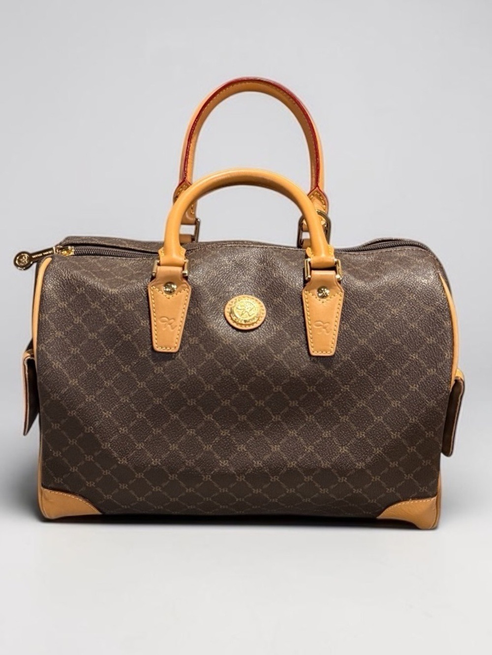 Rioni Moda Italia Boston Handbag Satchel Large Coated Canvas Zip Top Purse